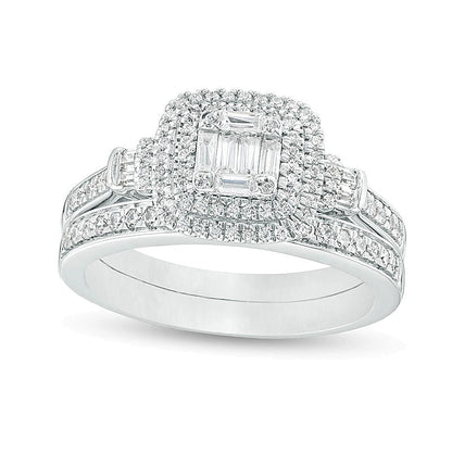 0.5 CT. TW Composite Diamond Double Cushion Frame Collar Bridal Set in 10K White Gold