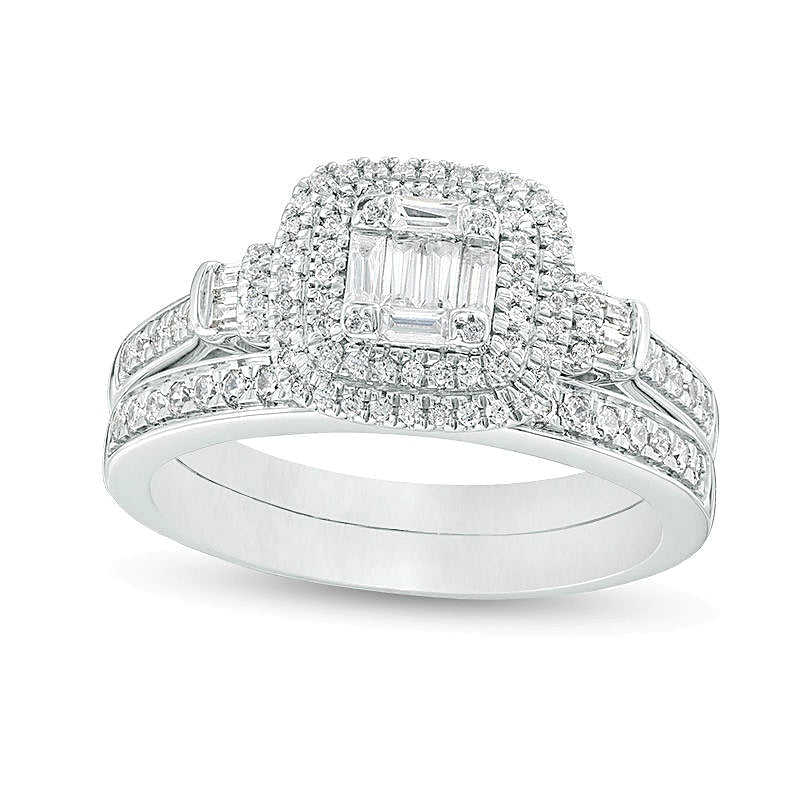 0.5 CT. TW Composite Diamond Double Cushion Frame Collar Bridal Set in 10K White Gold