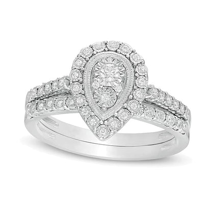0.2 CT. TW Pear-Shaped Multi-Diamond Frame Vintage-Style Bridal Set in Sterling Silver