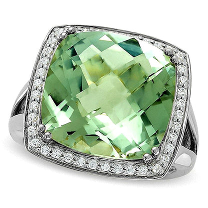 Cushion-Cut Green Quartz Ring in Sterling Silver with Diamond Accents