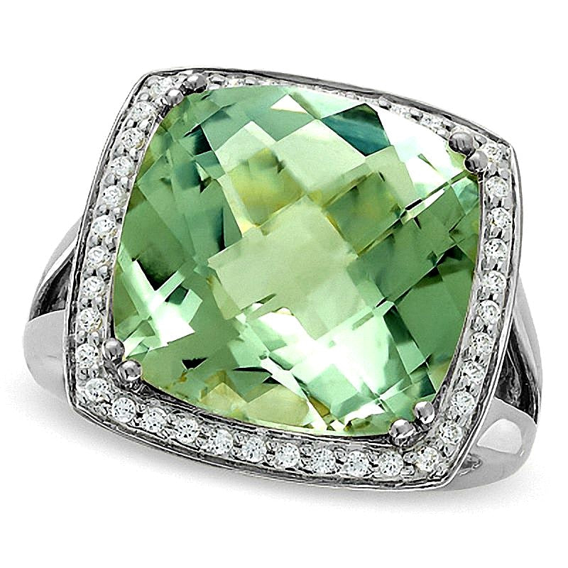 Cushion-Cut Green Quartz Ring in Sterling Silver with Diamond Accents