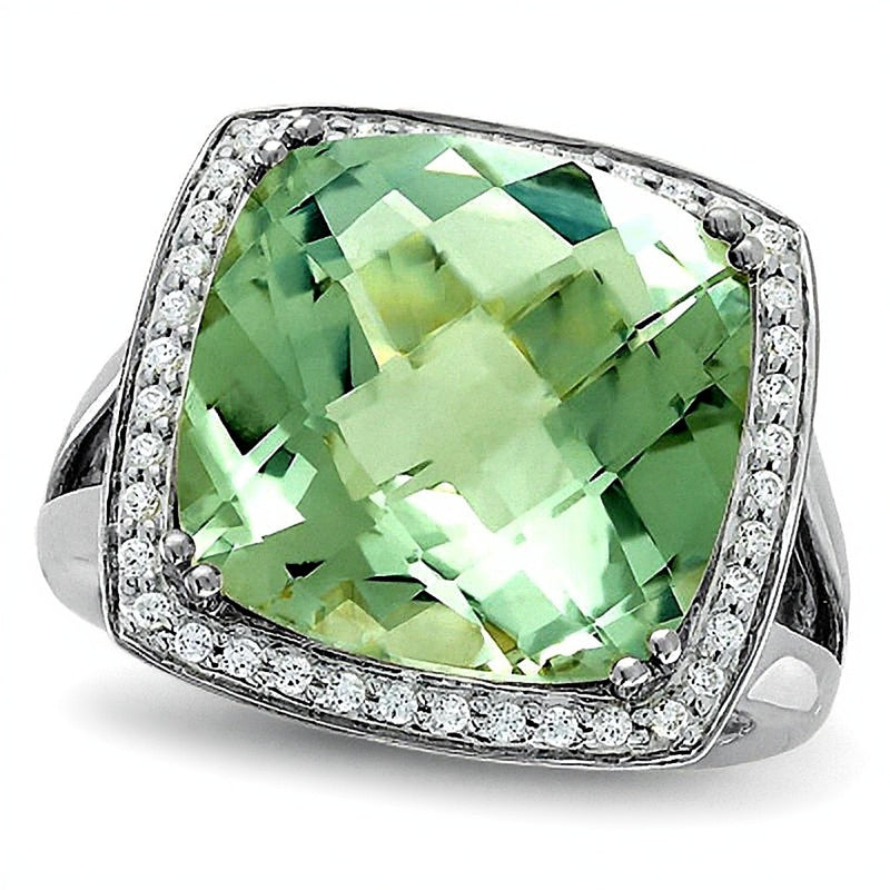Cushion-Cut Green Quartz Ring in Sterling Silver with Diamond Accents