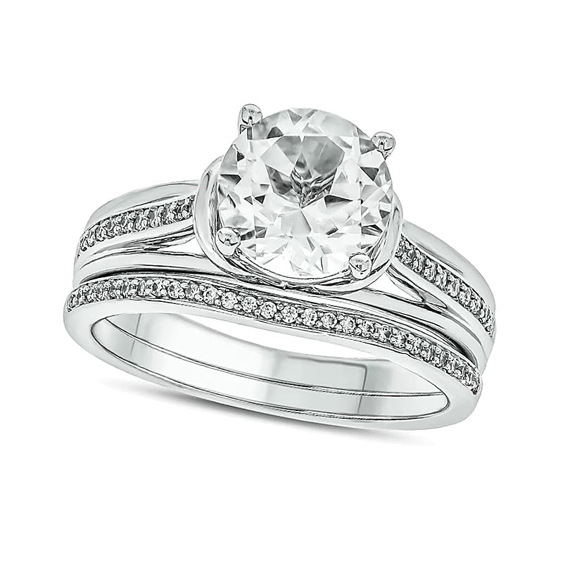 8.0mm White Lab-Created Sapphire and 0.17 CT. TW Diamond Collar Split Shank Bridal Set in Sterling Silver