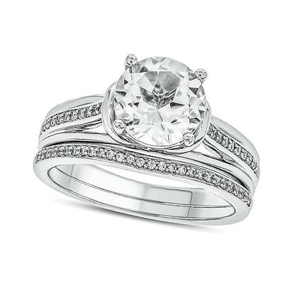 8.0mm White Lab-Created Sapphire and 0.17 CT. TW Diamond Collar Split Shank Bridal Set in Sterling Silver