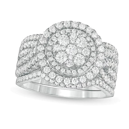 1.5 CT. TW Composite Diamond Double Frame Multi-Row Three Piece Bridal Set in 10K White Gold