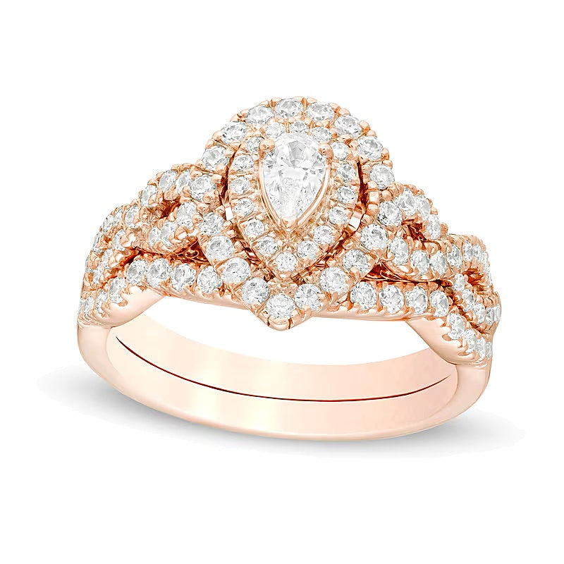 1.0 CT. TW Pear-Shaped Diamond Double Frame Twist Shank Bridal Set in 14K Rose Gold