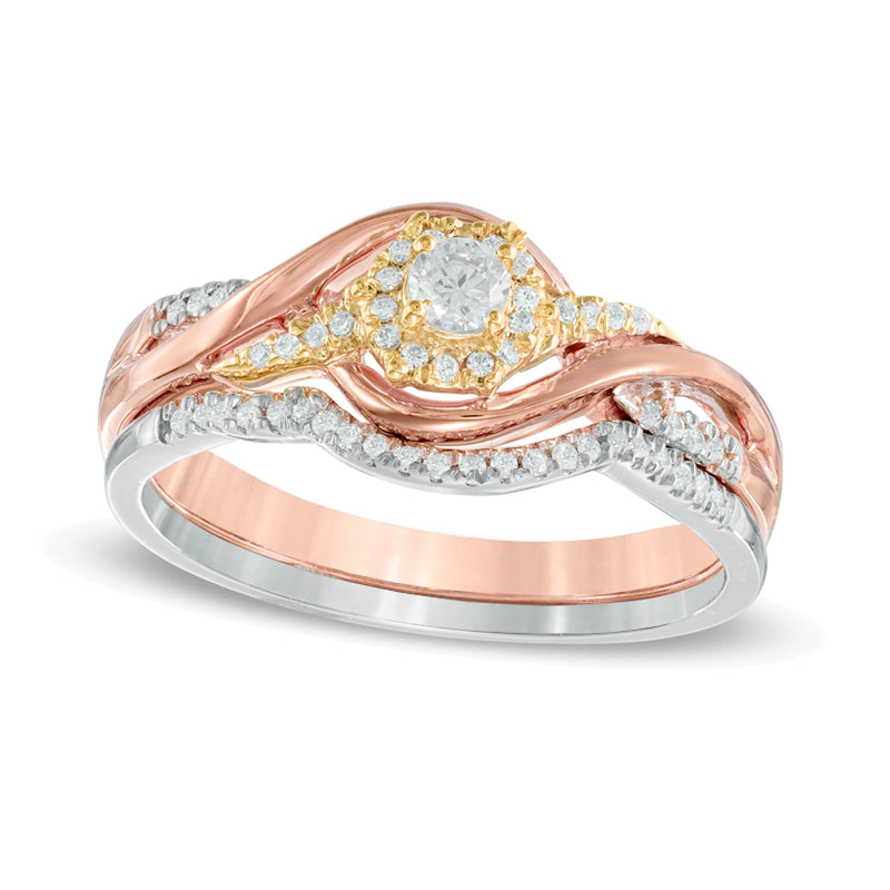 0.25 CT. TW Diamond Frame Swirl Bridal Set in 10K Tri-Tone Gold