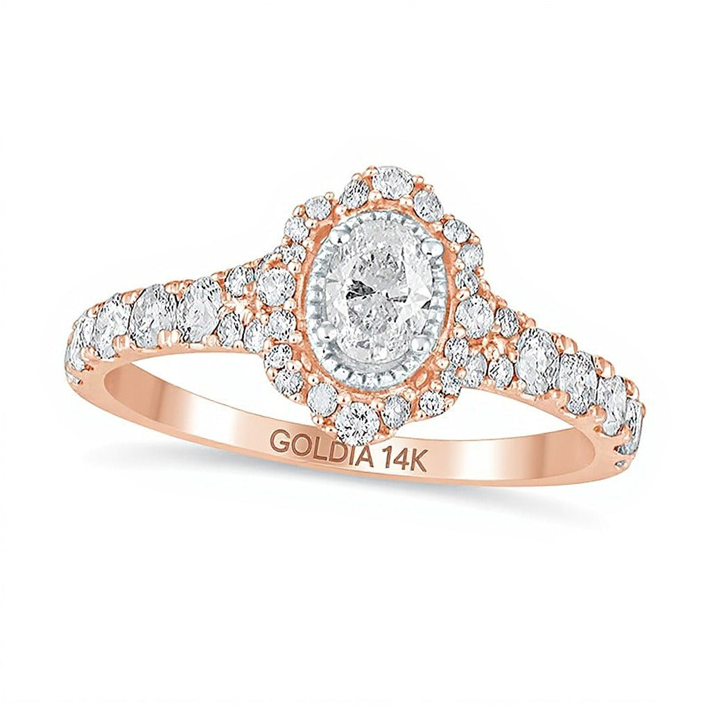 1.0 CT. TW Oval Diamond Scallop Frame Vintage-Style Engagement Ring in 14K Rose Gold