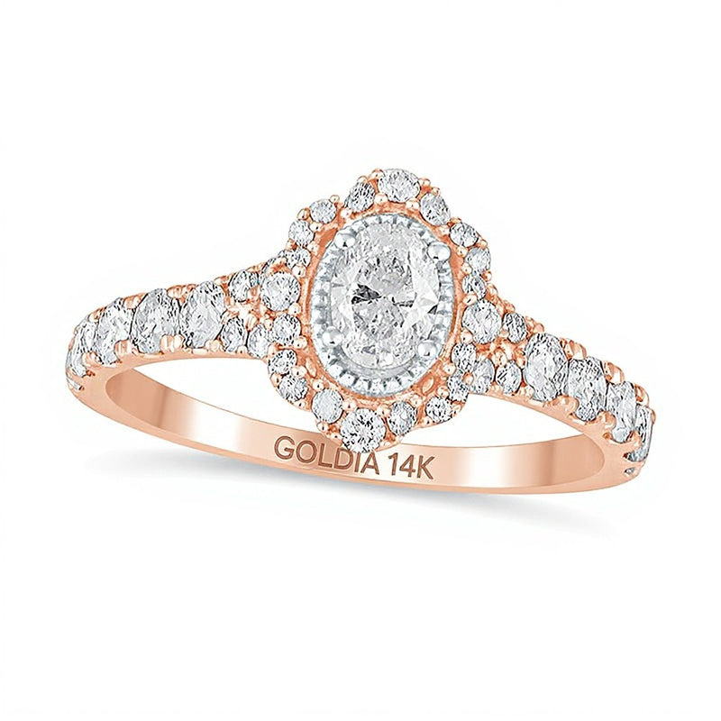 1.0 CT. TW Oval Diamond Scallop Frame Vintage-Style Engagement Ring in 14K Rose Gold