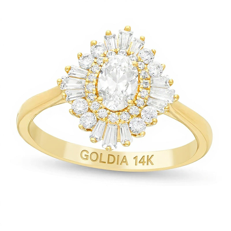 1.0 CT. TW Oval Diamond Double Starburst Frame Engagement Ring in 14K Gold