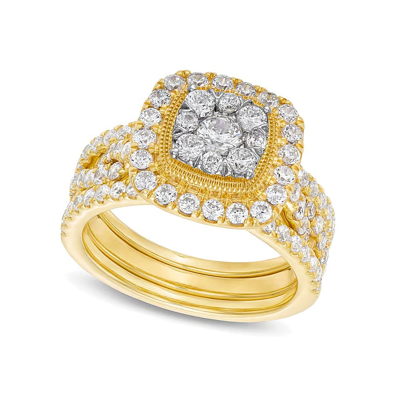 1.63 CT. TW Cushion Multi-Diamond Twist Shank Three Piece Bridal Set in 10K Gold