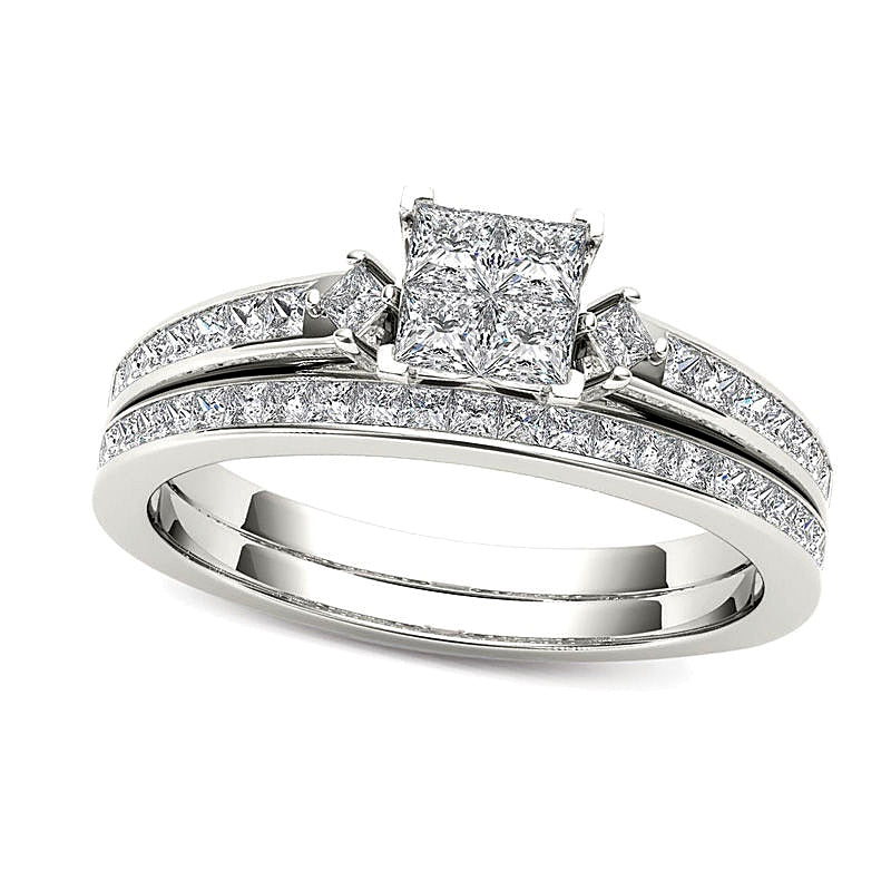 1.0 CT. TW Quad Princess-Cut Multi-Diamond Bridal Set in 14K White Gold