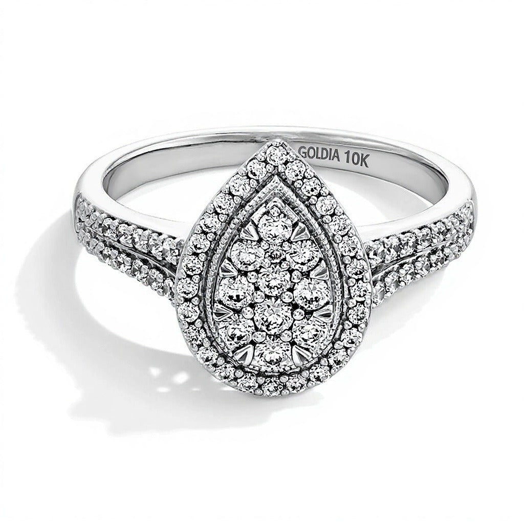 0.5 CT. TW Pear-Shaped Multi-Diamond Frame Split Shank Engagement Ring in 10K White Gold