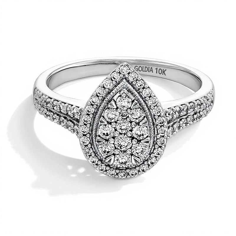 0.5 CT. TW Pear-Shaped Multi-Diamond Frame Split Shank Engagement Ring in 10K White Gold
