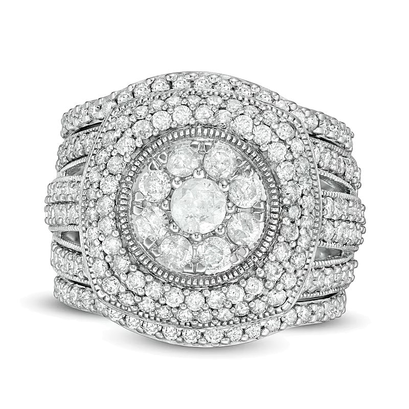 2.25 CT. TW Composite Diamond Cushion Frame Multi-Row Vintage-Style Three Piece Bridal Set in 10K White Gold