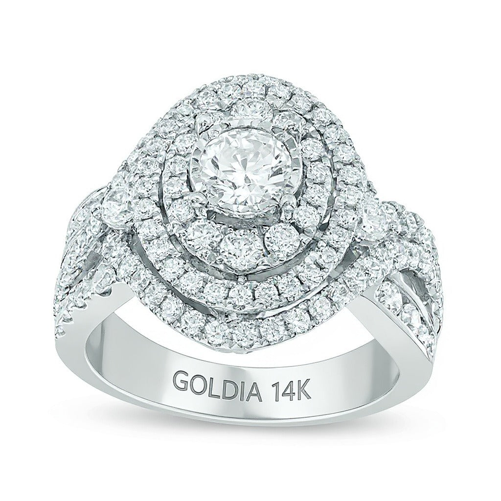 Previously Owned 2.0 CT. TW Diamond Oval Frame Split Shank Engagement Ring in 14K White Gold