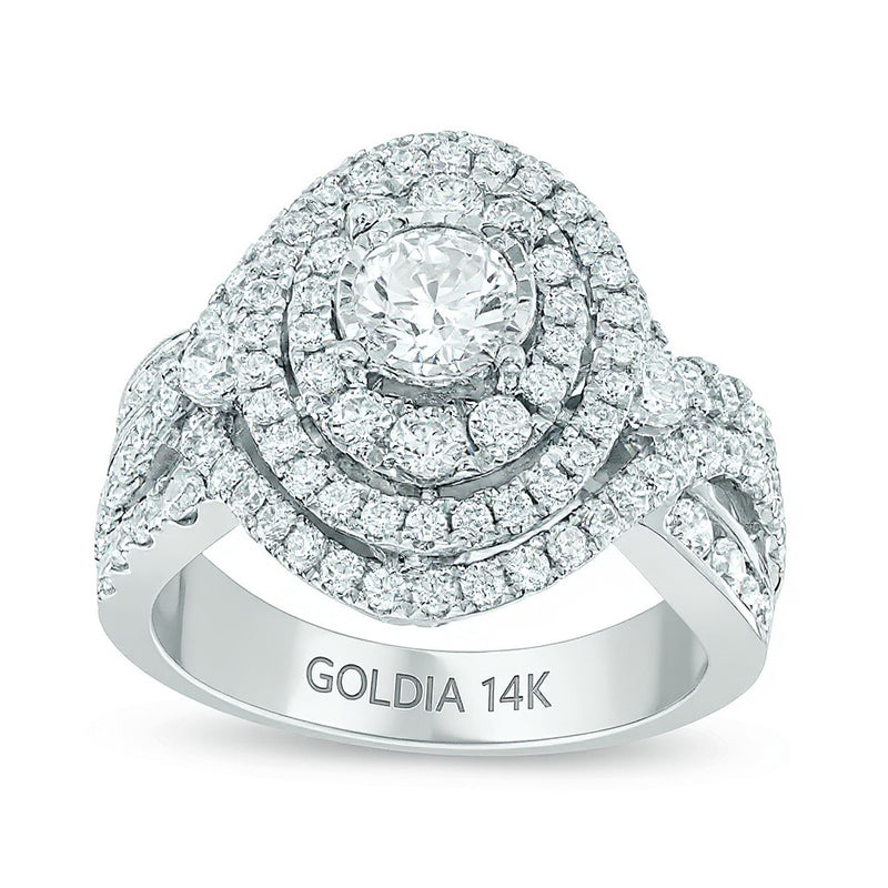 Previously Owned 2.0 CT. TW Diamond Oval Frame Split Shank Engagement Ring in 14K White Gold