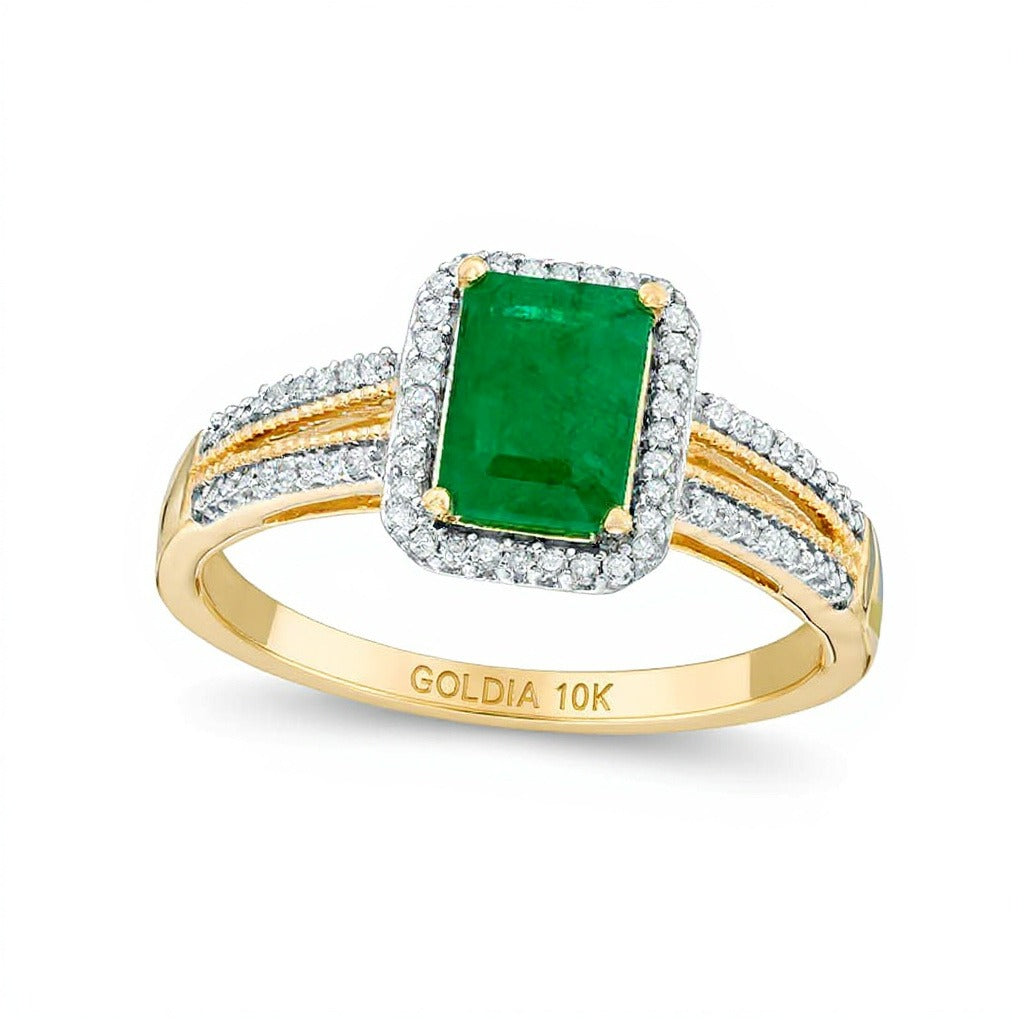 Emerald-Cut Emerald and 0.1 CT. TW Diamond Frame Vintage-Style Split Shank Ring in 10K Gold