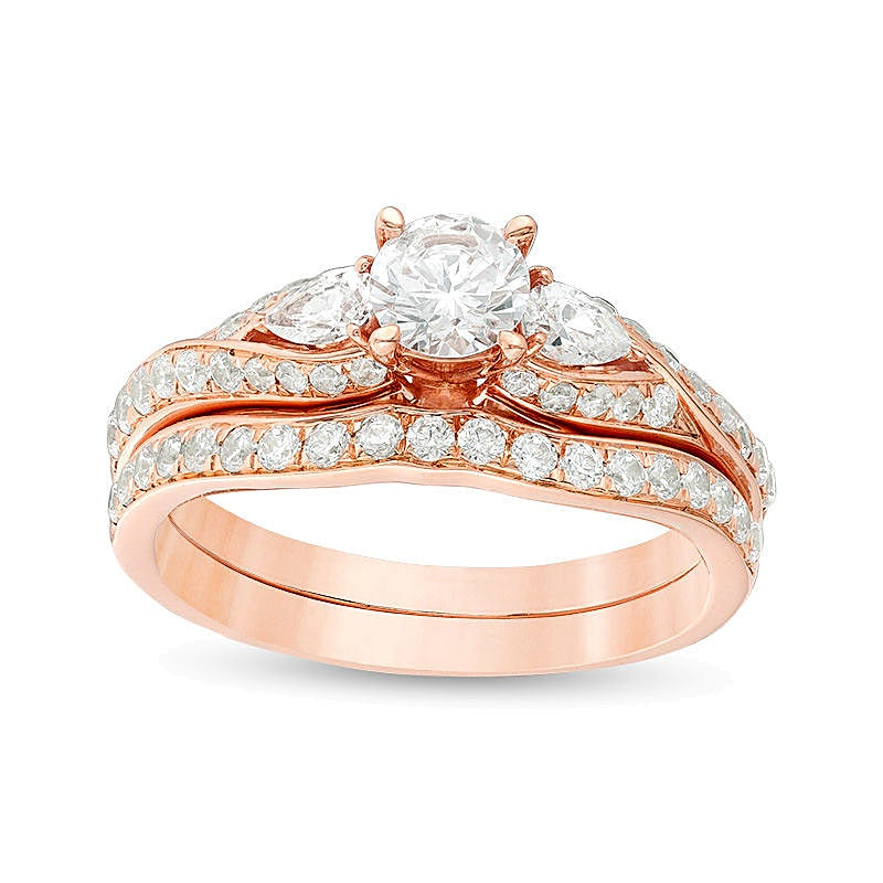 1.38 CT. TW Diamond Bypass Three Stone Bridal Set in 14K Rose Gold