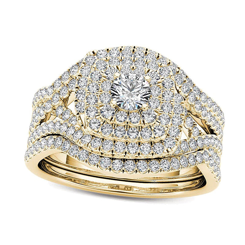 1.0 CT. TW Diamond Cushion Frame Split Shank Three Piece Bridal Set in 14K Gold