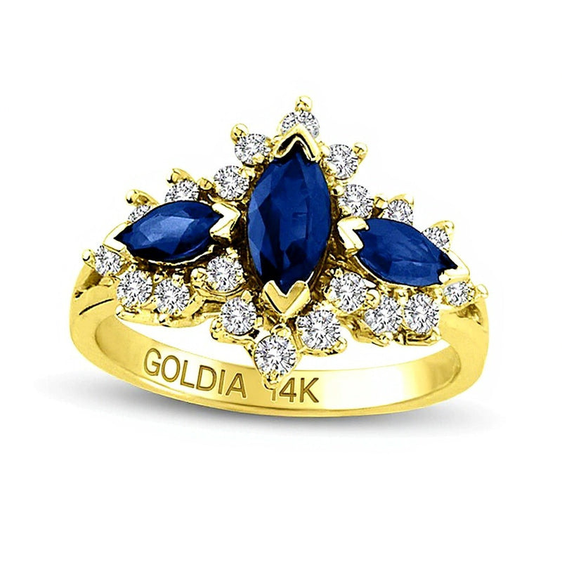 Marquise Blue Sapphire and 0.63 CT. TW Diamond Frame Three Stone Ring in 14K Gold