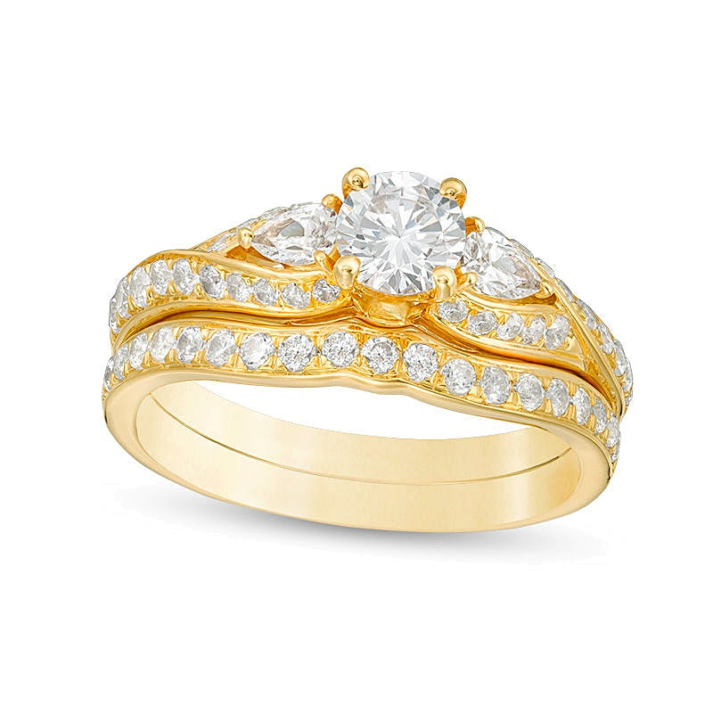 1.38 CT. TW Diamond Bypass Ribbon Three Stone Bridal Set in 14K Gold