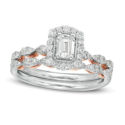 0.75 CT. TW Emerald-Cut Diamond Frame Scallop Shank Bridal Set in 14K Two-Tone Gold (I/SI2)