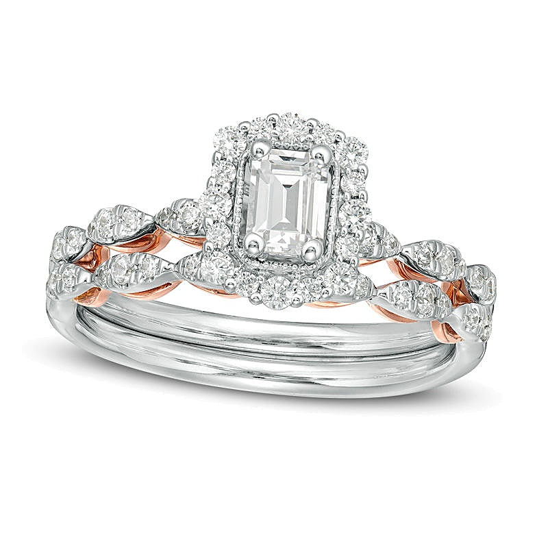 0.75 CT. TW Emerald-Cut Diamond Frame Scallop Shank Bridal Set in 14K Two-Tone Gold (I/SI2)