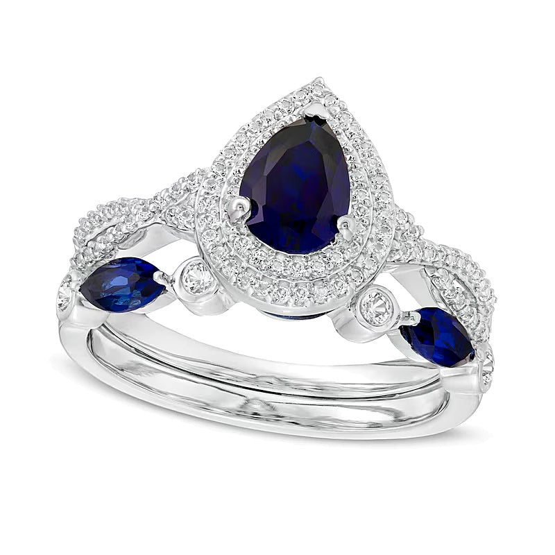 Pear-Shaped Lab-Created Blue and White Sapphire Double Frame Twist Shank Art Deco Bridal Set in Sterling Silver