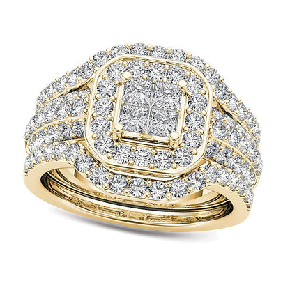 1.75 CT. TW Quad Princess-Cut Diamond Frame Three Piece Bridal Set in 14K Gold