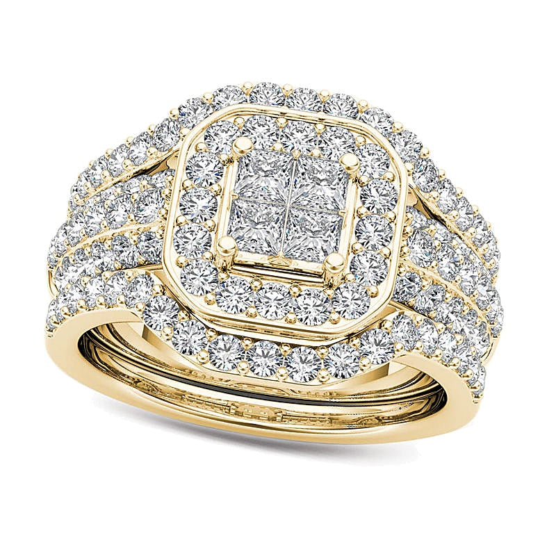 1.75 CT. TW Quad Princess-Cut Diamond Frame Three Piece Bridal Set in 14K Gold