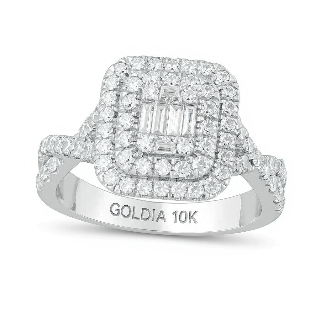 1.0 CT. TW Composite Diamond Double Cushion Frame Twist Shank Engagement Ring in 10K White Gold