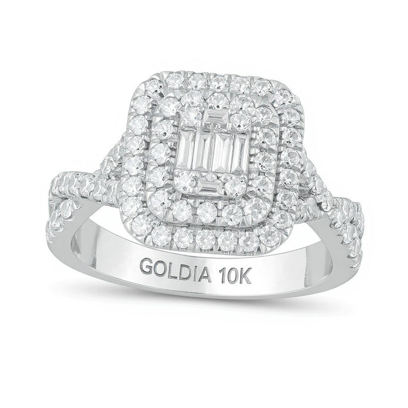 1.0 CT. TW Composite Diamond Double Cushion Frame Twist Shank Engagement Ring in 10K White Gold
