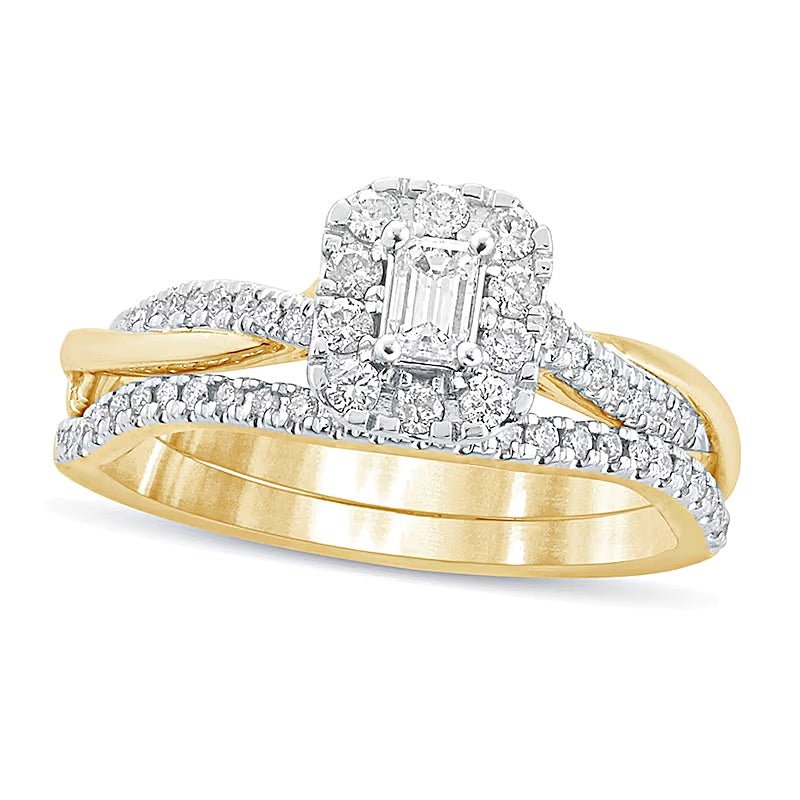 0.5 CT. TW Emerald-Cut Diamond Frame Twist Shank Bridal Set in 10K Gold