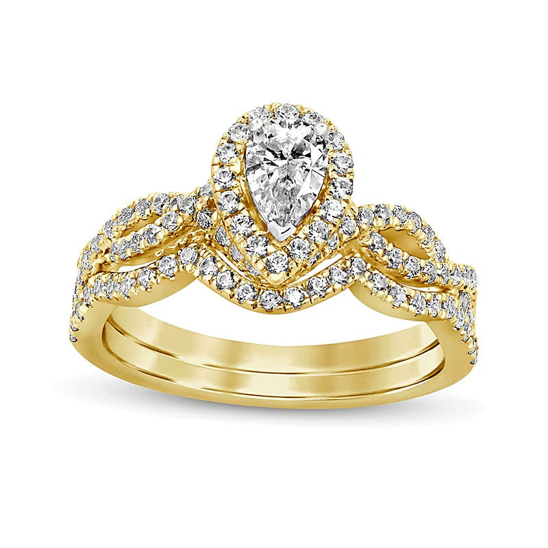 1.0 CT. TW Pear-Shaped Diamond Twist Shank Bridal Set in 14K Gold (I/I2)
