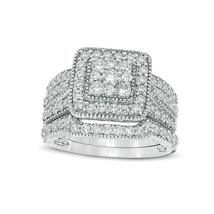 1.25 CT. TW Multi-Diamond Square Frame Vintage-Style Multi-Row Bridal Set in 10K White Gold