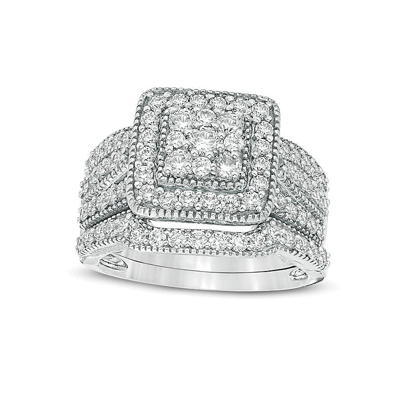 1.25 CT. TW Multi-Diamond Square Frame Vintage-Style Multi-Row Bridal Set in 10K White Gold