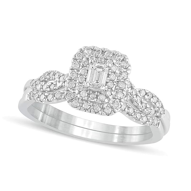 0.5 CT. TW Emerald-Cut Diamond Double Frame Multi-Row Bridal Set in 10K White Gold