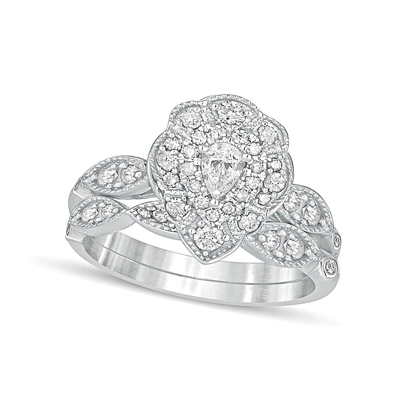 0.63 CT. TW Pear-Shaped Diamond Double Petal Frame Vintage-Style Bridal Set in 10K White Gold