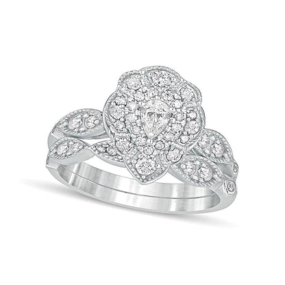 0.63 CT. TW Pear-Shaped Diamond Double Petal Frame Vintage-Style Bridal Set in 10K White Gold