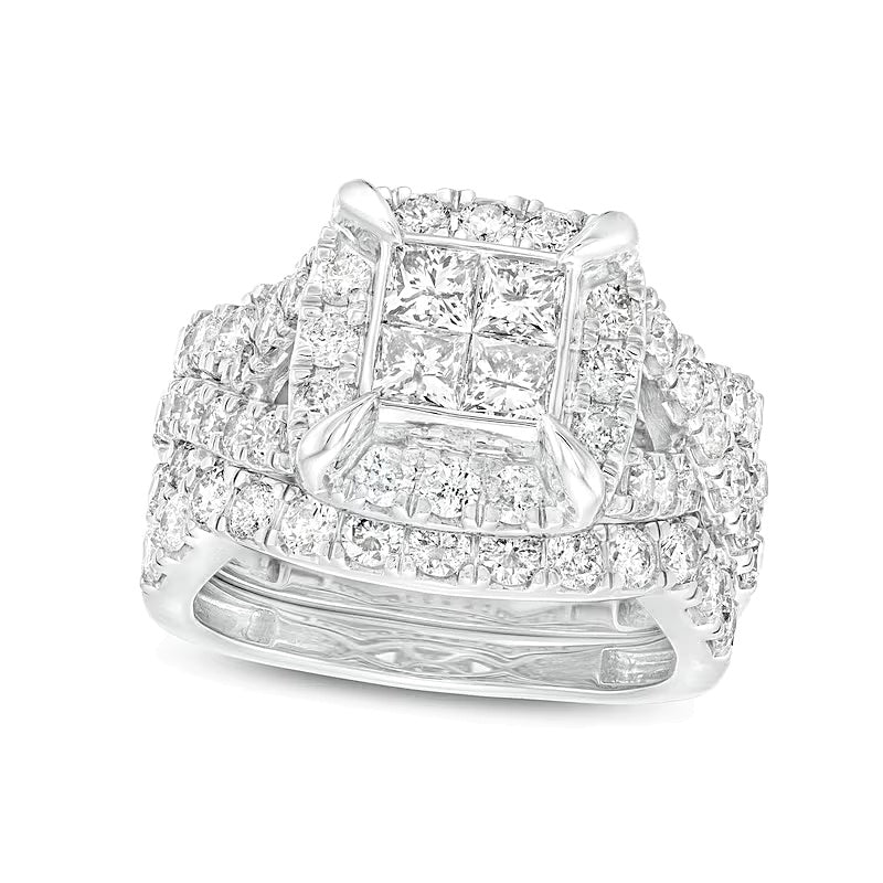 3.0 CT. TW Quad Princess-Cut Diamond Frame Twist Shank Three Piece Bridal Set in 14K White Gold