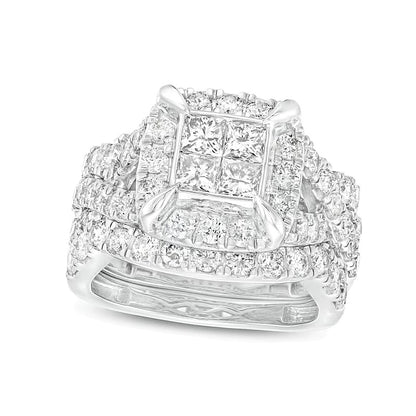 3.0 CT. TW Quad Princess-Cut Diamond Frame Twist Shank Three Piece Bridal Set in 14K White Gold