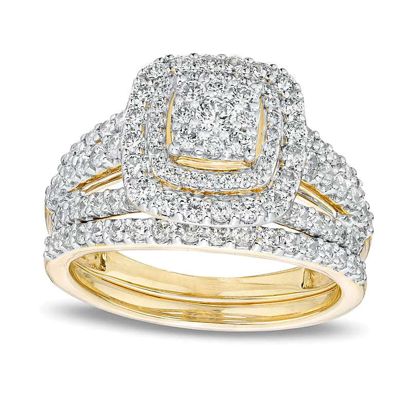 1.13 CT. TW Cushion-Shape Multi-Diamond Frame Split Shank Multi-Row Bridal Set in 10K Gold