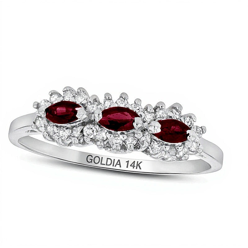 Sideways Marquise Ruby and 0.2 CT. TW Diamond Frame Three Stone Ring in 14K White Gold