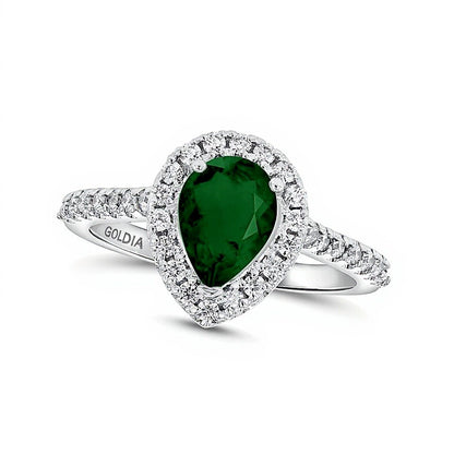Pear-Shaped Emerald and 0.33 CT. TW Diamond Frame Ring in 14K White Gold