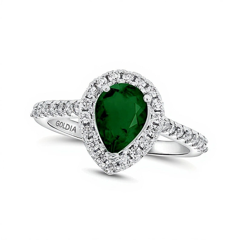 Pear-Shaped Emerald and 0.33 CT. TW Diamond Frame Ring in 14K White Gold