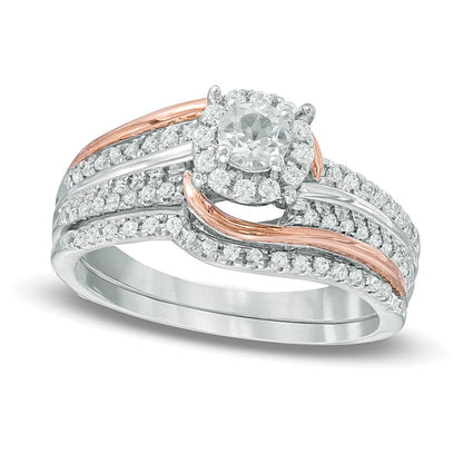 Lab-Created White Sapphire and 0.2 CT. TW Diamond Frame Swirl Bridal Set in Sterling Silver and 10K Rose Gold