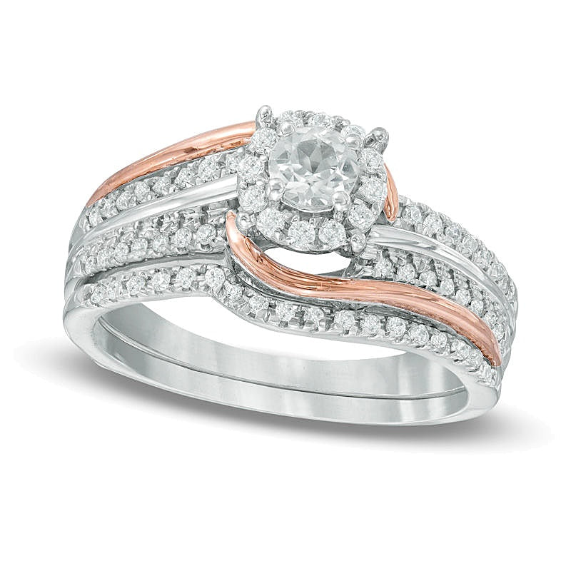 Lab-Created White Sapphire and 0.2 CT. TW Diamond Frame Swirl Bridal Set in Sterling Silver and 10K Rose Gold