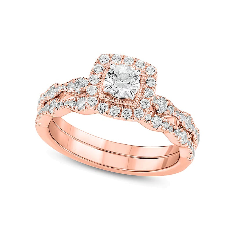 1.0 CT. TW Diamond Cushion Frame Art Deco Vintage-Style Bridal Set in 10K Rose Gold