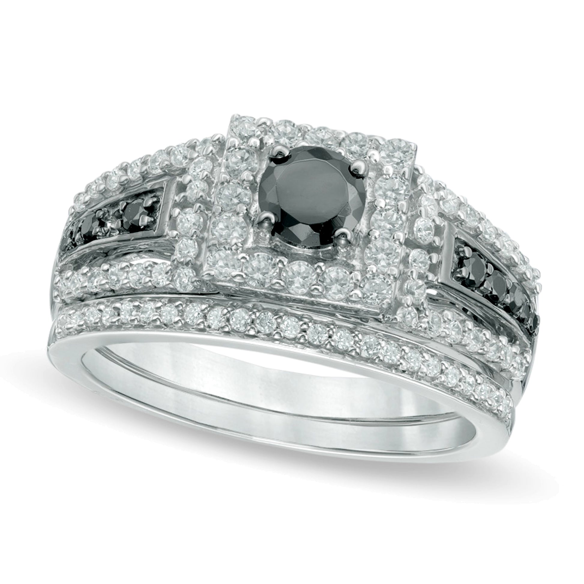 1.0 CT. TW Enhanced Black and White Diamond Square Frame Bridal Set in 10K White Gold